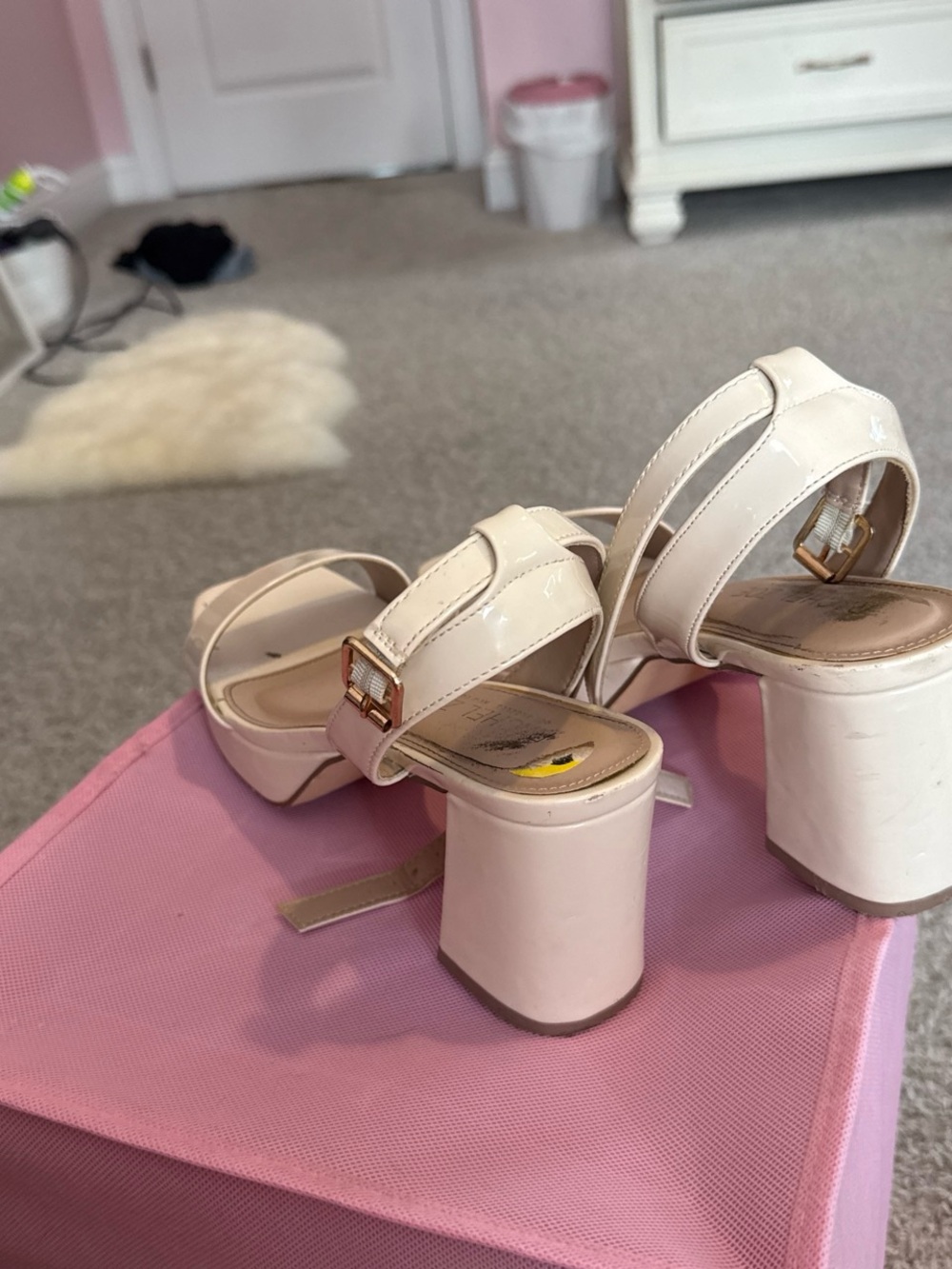 Rachel Zoe Cream Patent Block Heel Sandals with Gold Buckle